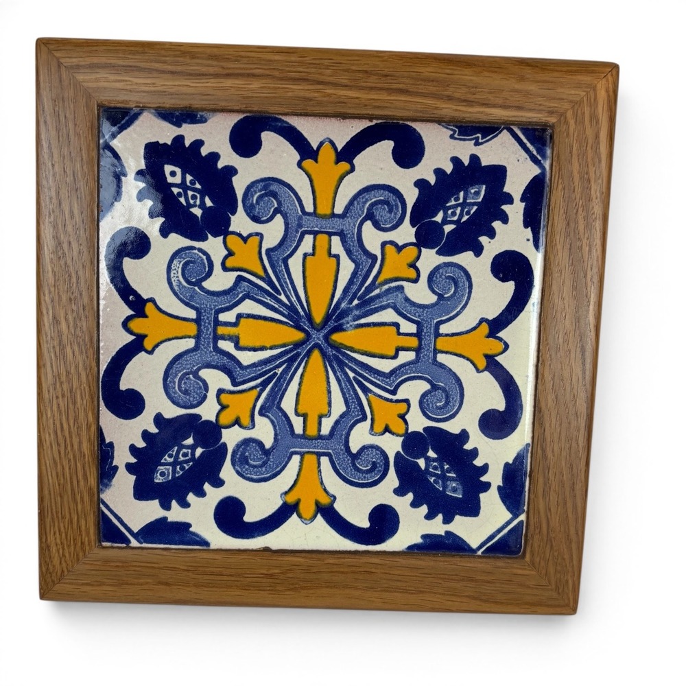 Framed Ceramic Tile Trivet Wall Art Blue Yellow Floral Oak Wood Frame‎ Handmade